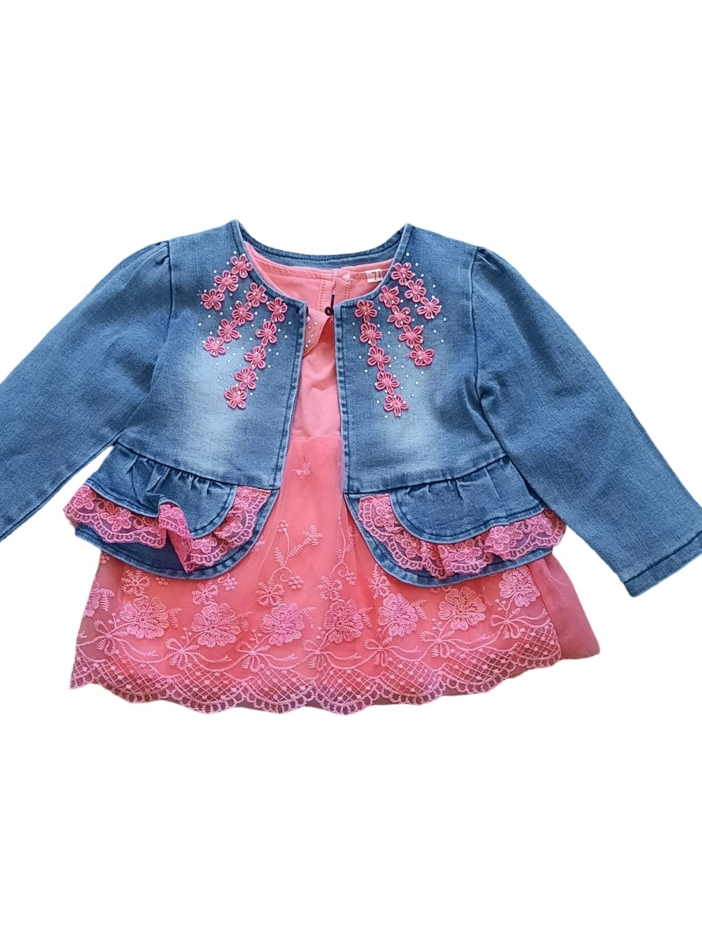 Girls Pink Lace Dress with Blue Denim-Style Jacket